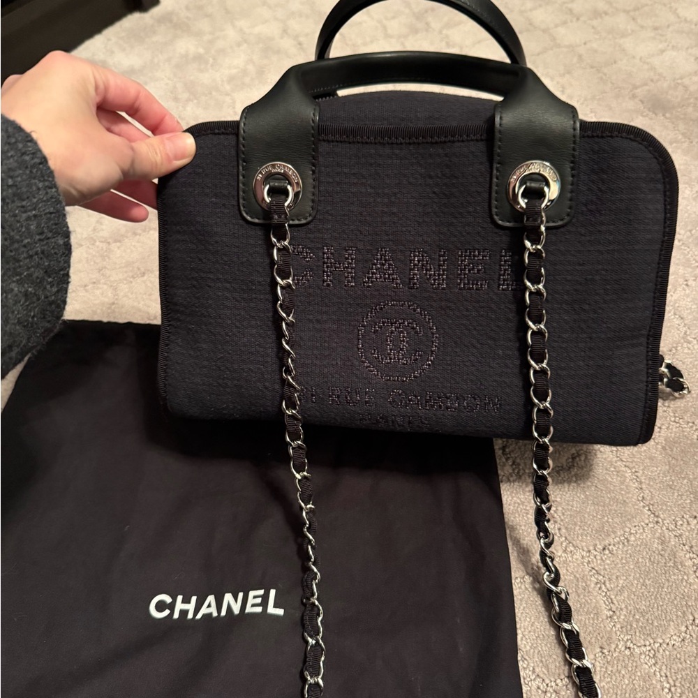 CHANEL Denim Deauville Bowling Bag with Silver Chain Detail
